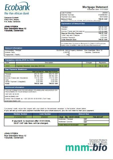 Kamerun Bank Ecobank wyciąg z kredytu hipotecznego szablon Word i PDF